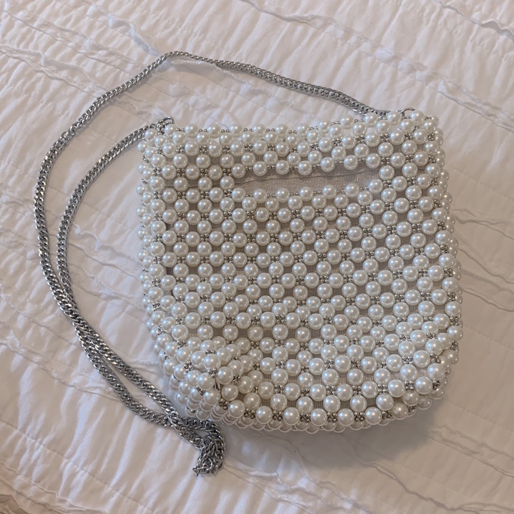 Zara pearl beaded handbag with silver chain strap
